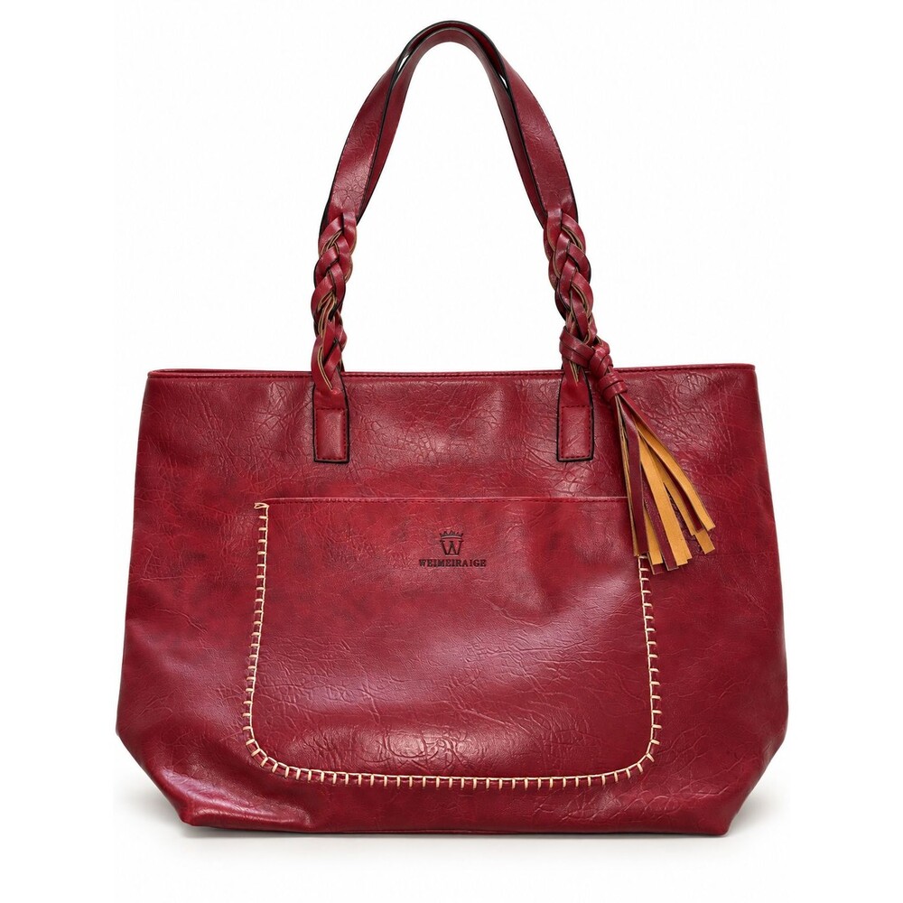 Weimeibaige Burgundy Faux Leather Tote Braided Handles Tassel Boho Shoulder Bag
